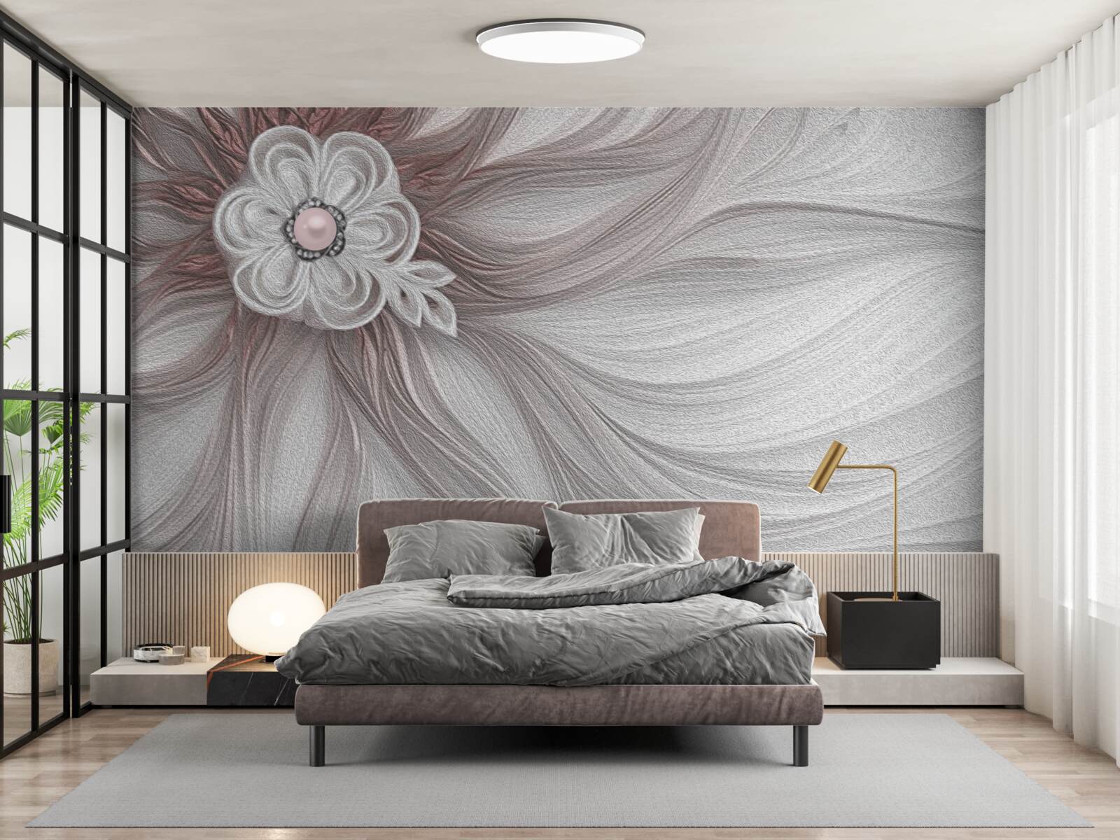 Fototapet Centrul florii albe este decorat cu perle