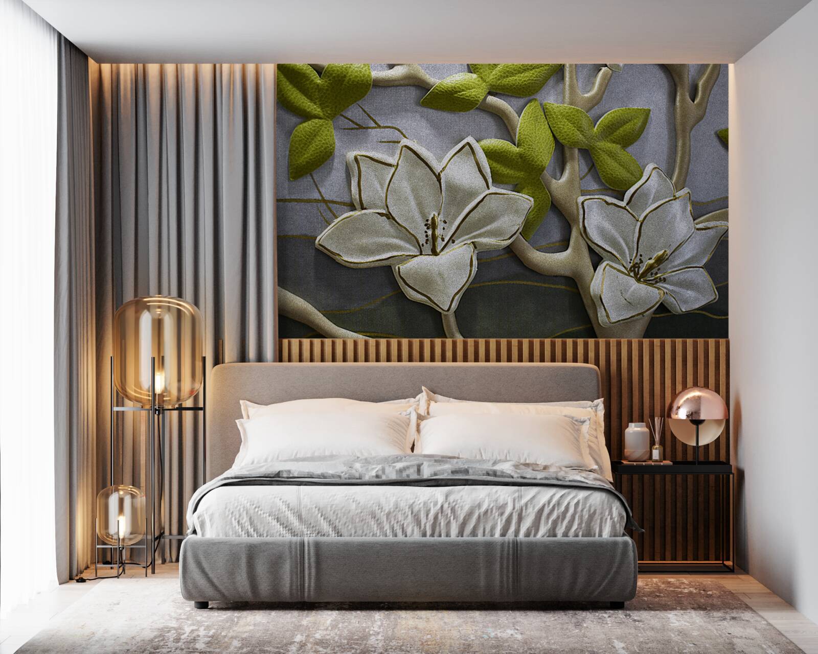 Fototapet magnolie cu flori de porțelan pe ramuri verzi