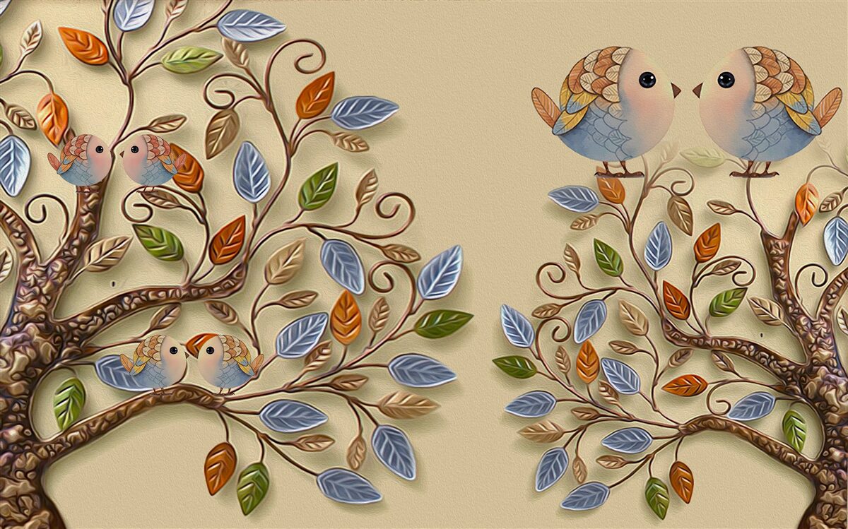 Fototapet copaci de toamnă cu păsări