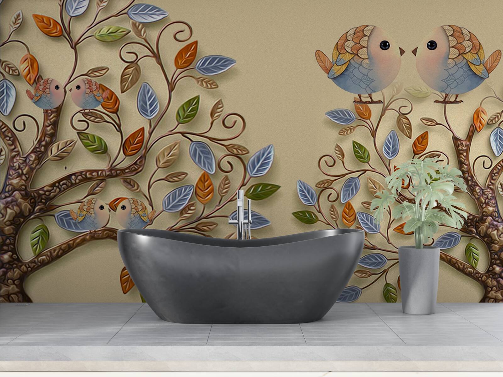 Fototapet copaci de toamnă cu păsări