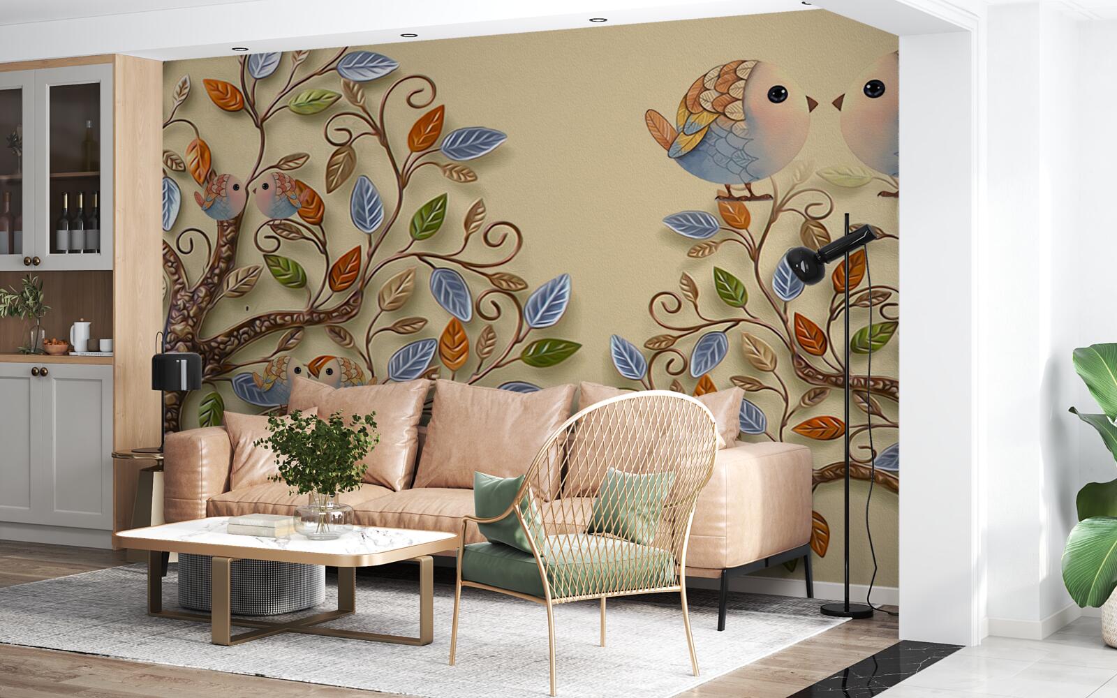 Fototapet copaci de toamnă cu păsări