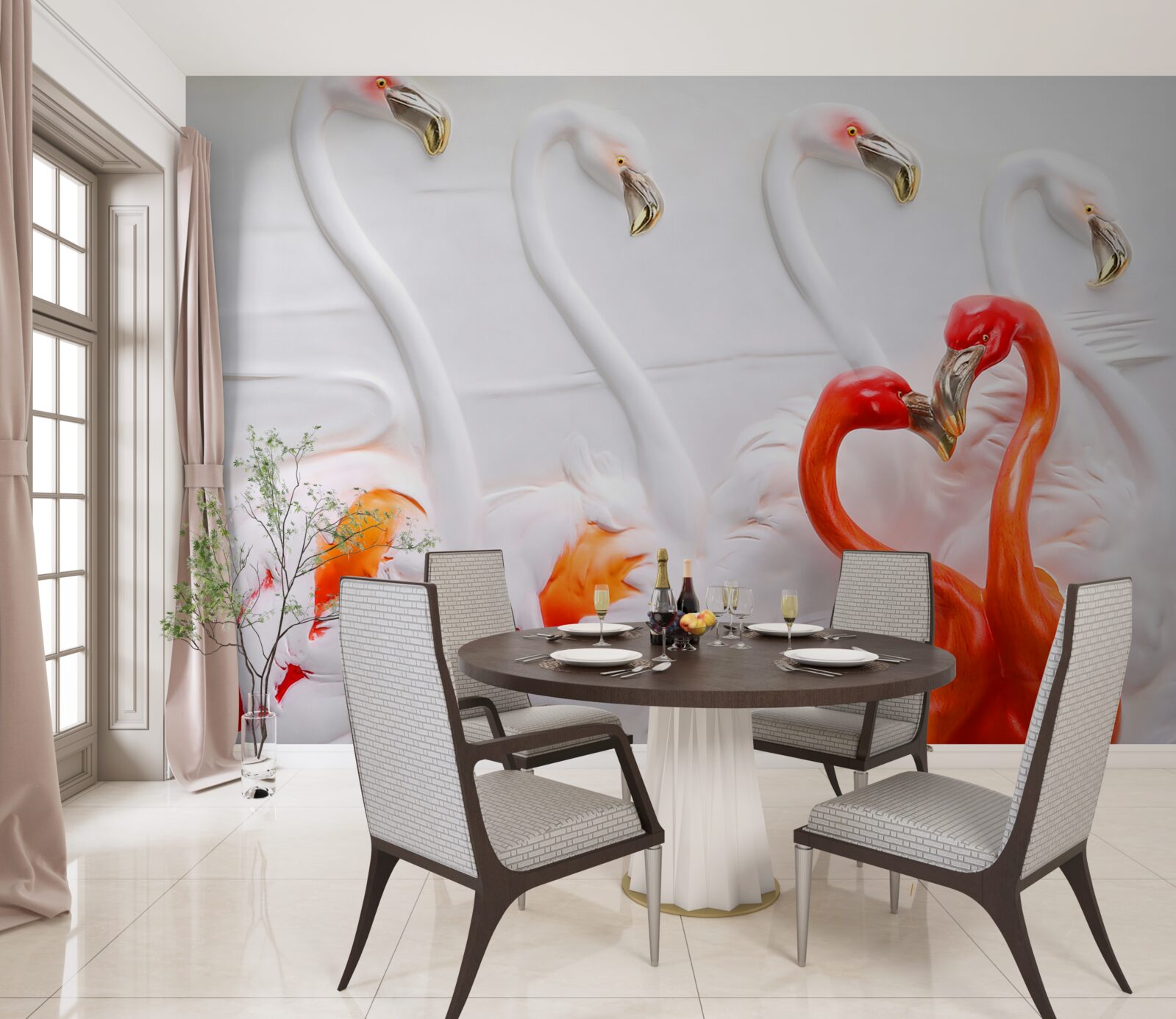 Fototapet flamingo în nuanțe de roz și alb