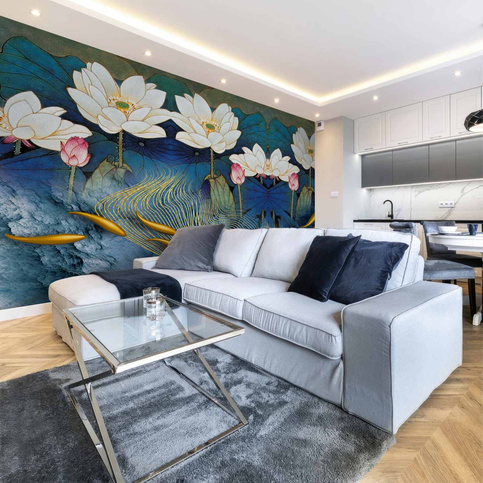 Fototapet apă albastră decorată cu lotuși albi