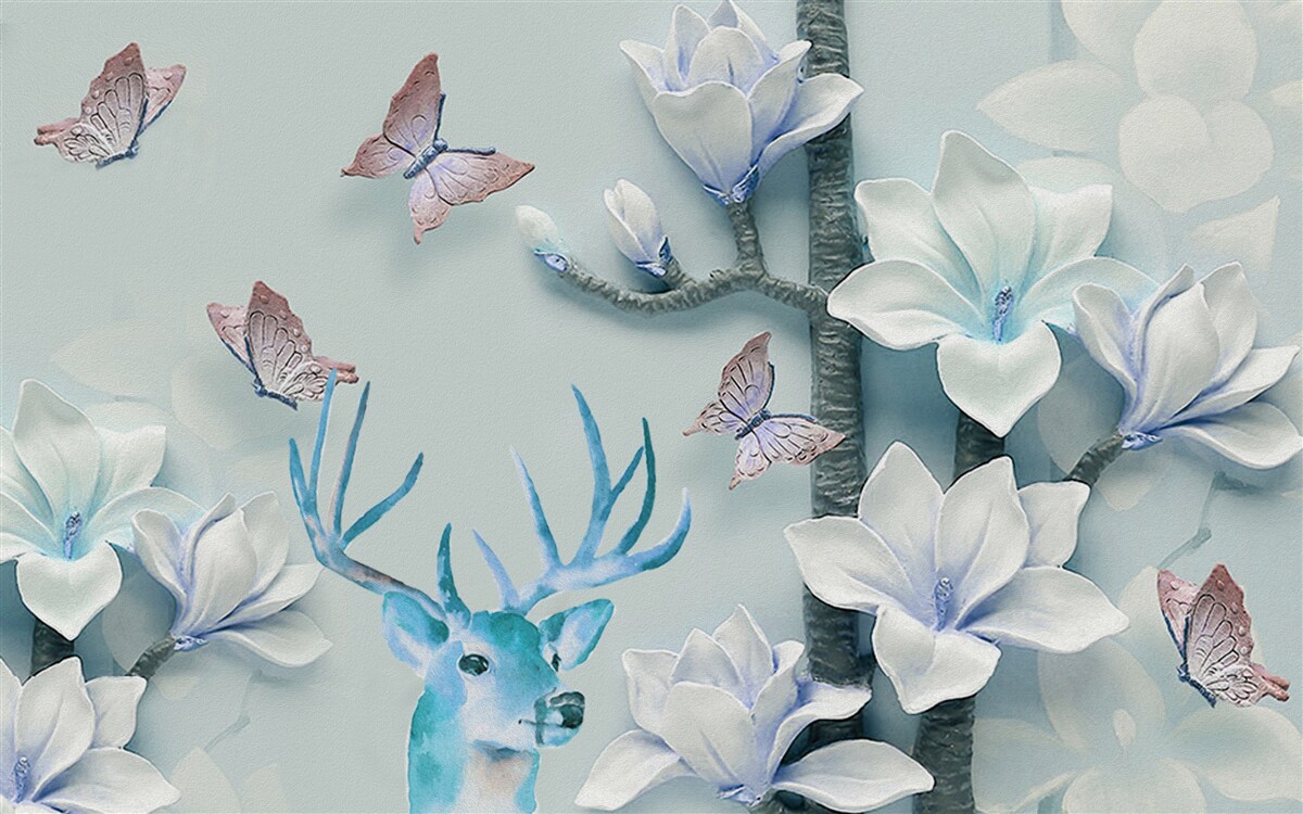 Fototapet cerb, magnolie albă și fluturi