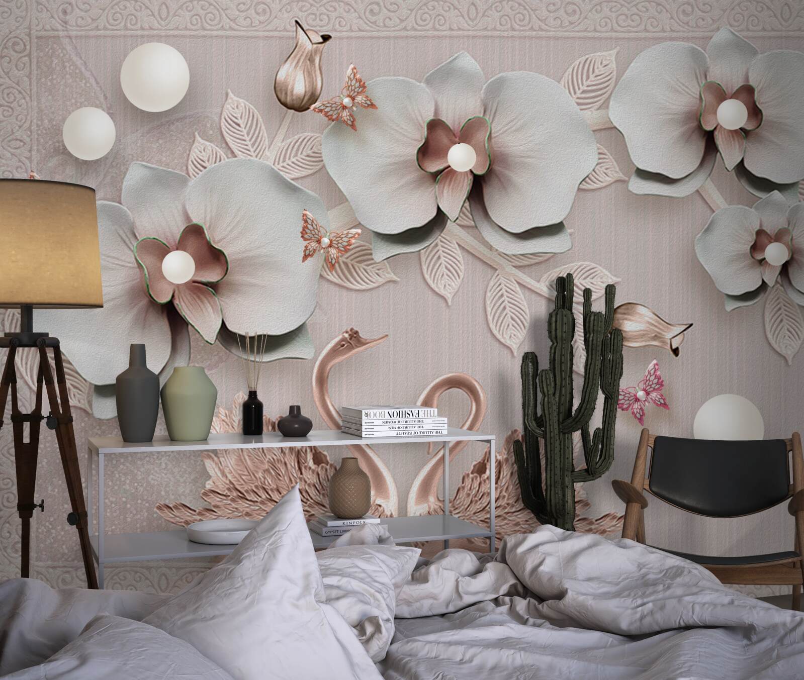 Fototapet lebedele decorate cu aur înoată printre flori de apă