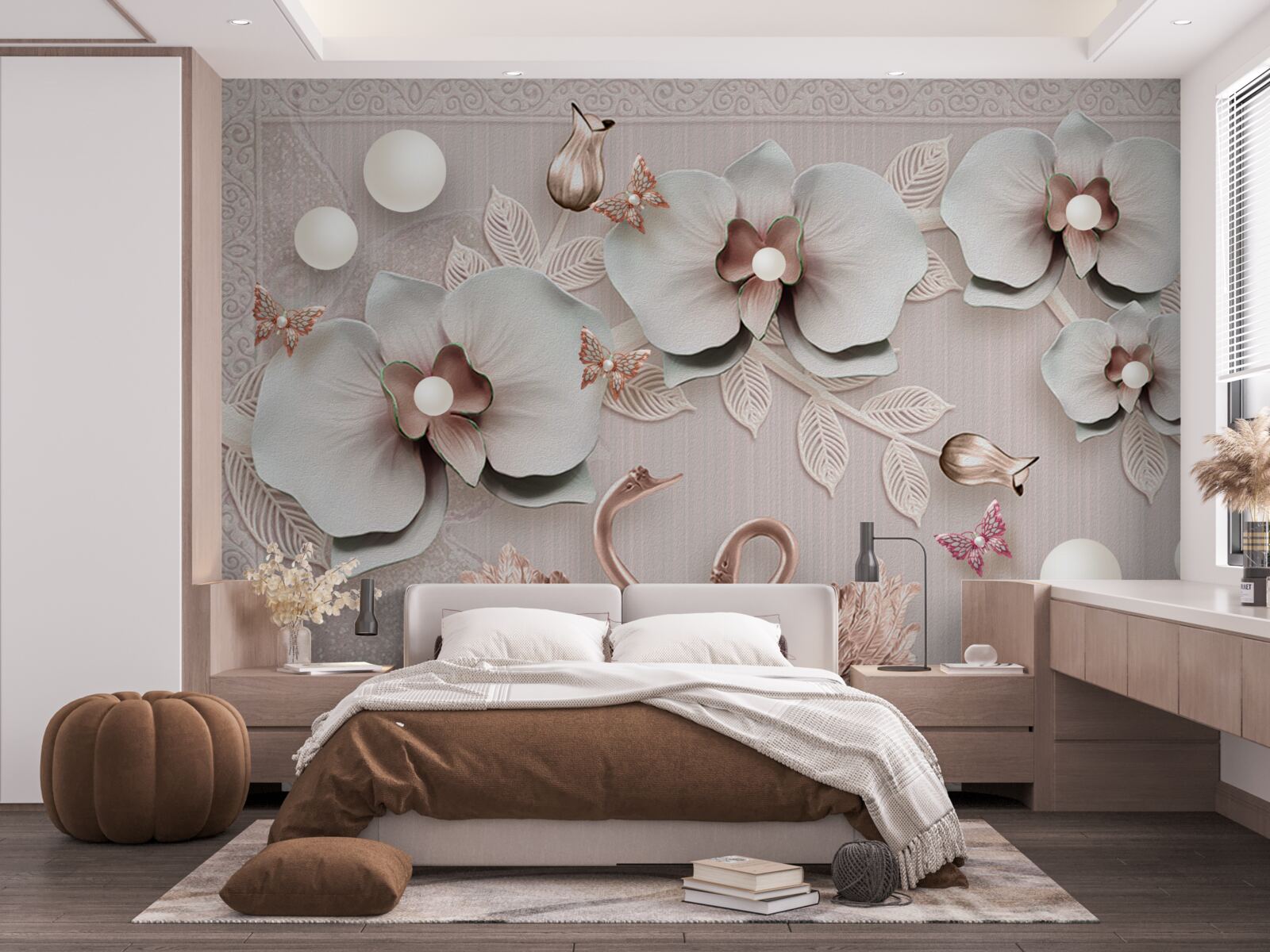 Fototapet lebedele decorate cu aur înoată printre flori de apă
