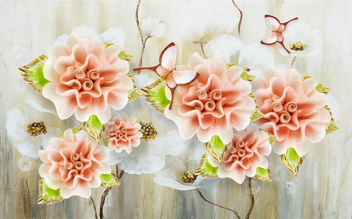 Fototapet timpul ploios este decorat cu flori delicate