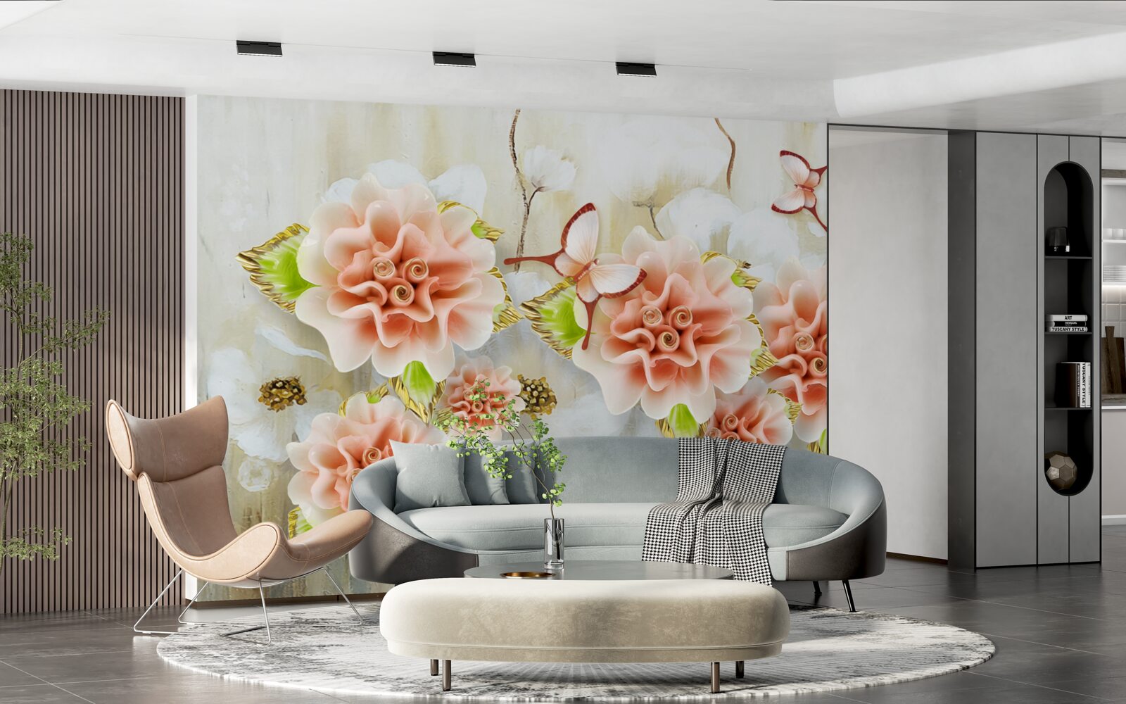 Fototapet timpul ploios este decorat cu flori delicate