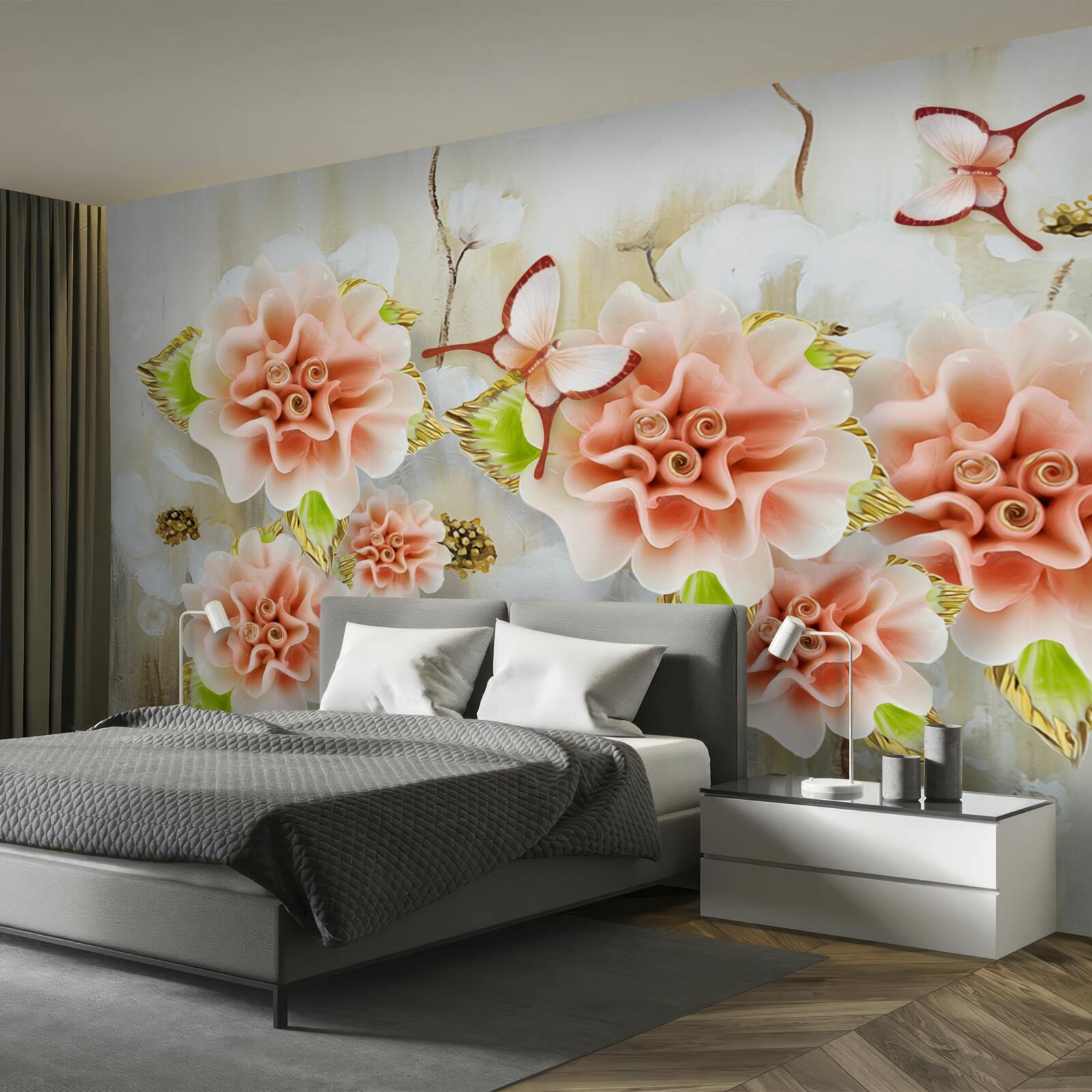 Fototapet timpul ploios este decorat cu flori delicate