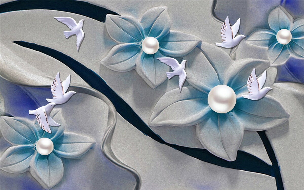 Fototapet flori albe ca zăpada cu perle, decorate cu fluturi