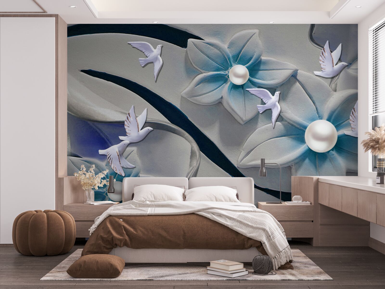 Fototapet flori albe ca zăpada cu perle, decorate cu fluturi