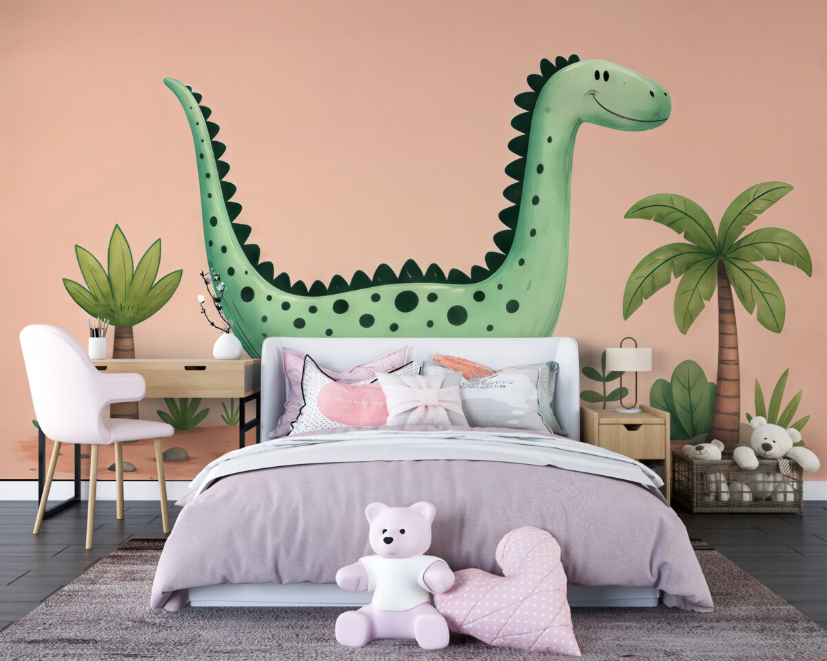 Fototapeta Cudowny dinozaur na różowym tle z drzewami palmowymi.